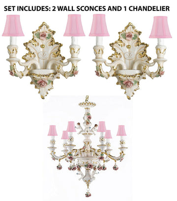 Set of 3 Authentic Capodimonte Porcelain Wall Sconce Lighting Cottage Chic Made in Italy With Shades, 24K Gold Trimmed w/ Roses & Flowers - 2EA-2/435+1EA-119/PINKSHADES