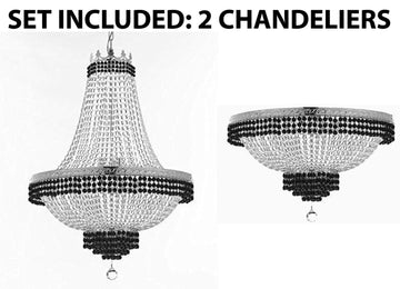 Set of 2-1 French Empire Crystal Chandelier Lighting Trimmed w/Jet Black Crystal! H36" X W30" and 1 Flush French Empire Crystal Chandelier Lighting Trimmed w/Jet Black Crystal! H18" X W24" - B79/CS/870/14 + B79/CS/FLUSH/870/9 A500-