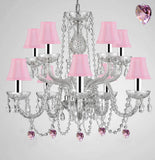 Empress Crystal (tm) Chandelier Chandeliers Lighting with Pink Color Crystal and Pink Shades w/Chrome Sleeves! Swag Plug in-Chandelier W/ 14' Feet of Hanging Chain and Wire! - G46-B43/B15/B21/SC/1122/5+5-Pink Shades