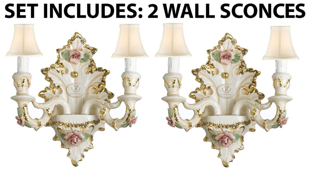 Set of 2 Authentic Capodimonte Porcelain Wall Sconce Lighting Cottage Chic Made in Italy WITH SHADES, 24K Gold Trimmed w/ Roses & Flowers - GB102/2/435/Set-of-2WHITESHADES