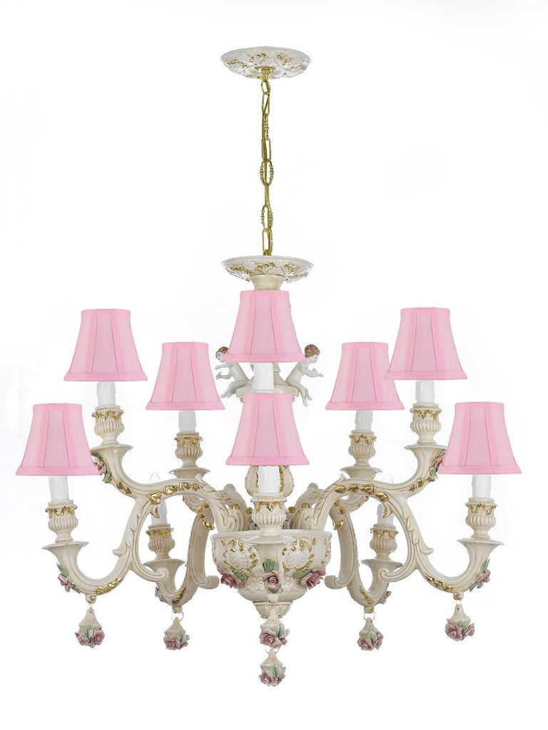 Authentic Capodimonte Porcelain Chandelier Lighting w/Cherub Angels Made in Italy Good for Dining Room, Kids Girls Bedrooms 24K Gold Trimmed w/Roses & Flowers-Limited Stock Available, w/Pink shades - GB102-SC/Pinkshades/227/5+5