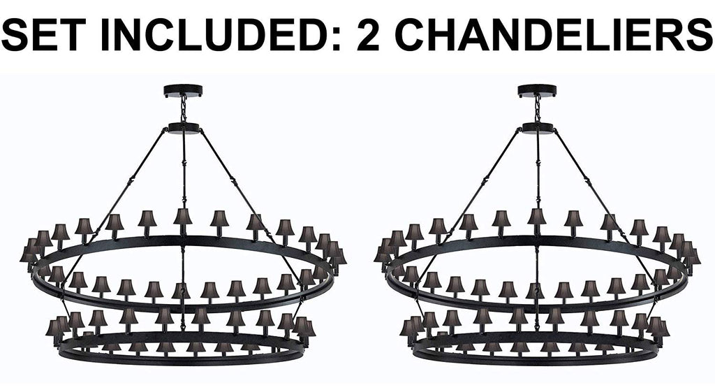 Set of 2 - Castile Two Tier Wrought Iron Chandelier with Black Shades - Industrial Loft Rustic Lighting W 63" H 60"