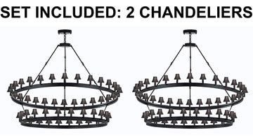 Set of 2 - Castile Two Tier Wrought Iron Chandelier with Black Shades - Industrial Loft Rustic Lighting W 63" H 60"