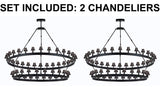 Set of 2 - Castile Two Tier Wrought Iron Chandelier with Black Shades - Industrial Loft Rustic Lighting W 63" H 60"