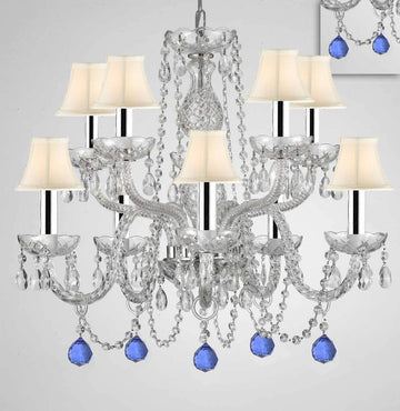 Chandelier Lighting Crystal Chandeliers H25" X W24" 10 Lights w/Chrome Sleeves - Dressed w/Blue Crystal Balls! Great for Dining Room, Foyer, Entry Way, Living Room, Bedroom, Kitchen! w/White Shades - G46-B43/B99/WHITESHADES/CS/1122/5+5