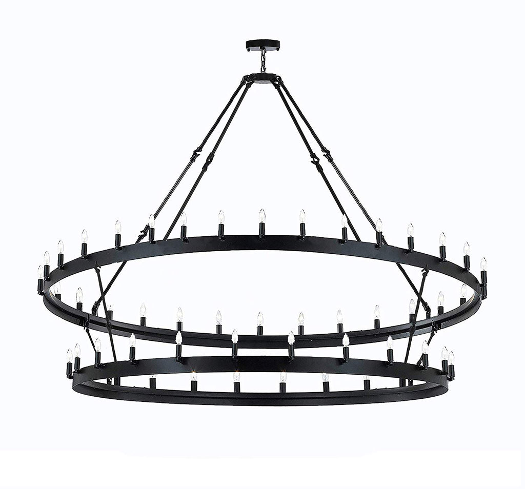 Inspired Camino Style Chandelier – Two Tier Wagon Wheel, Wrought Iron Vintage Barn Metal Rustic Industrial Lighting, W70" x H66"