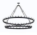 Inspired Camino Style Chandelier - Two Tier Wagon Wheel, Wrought Iron Rustic Industrial Lighting W70" H47"