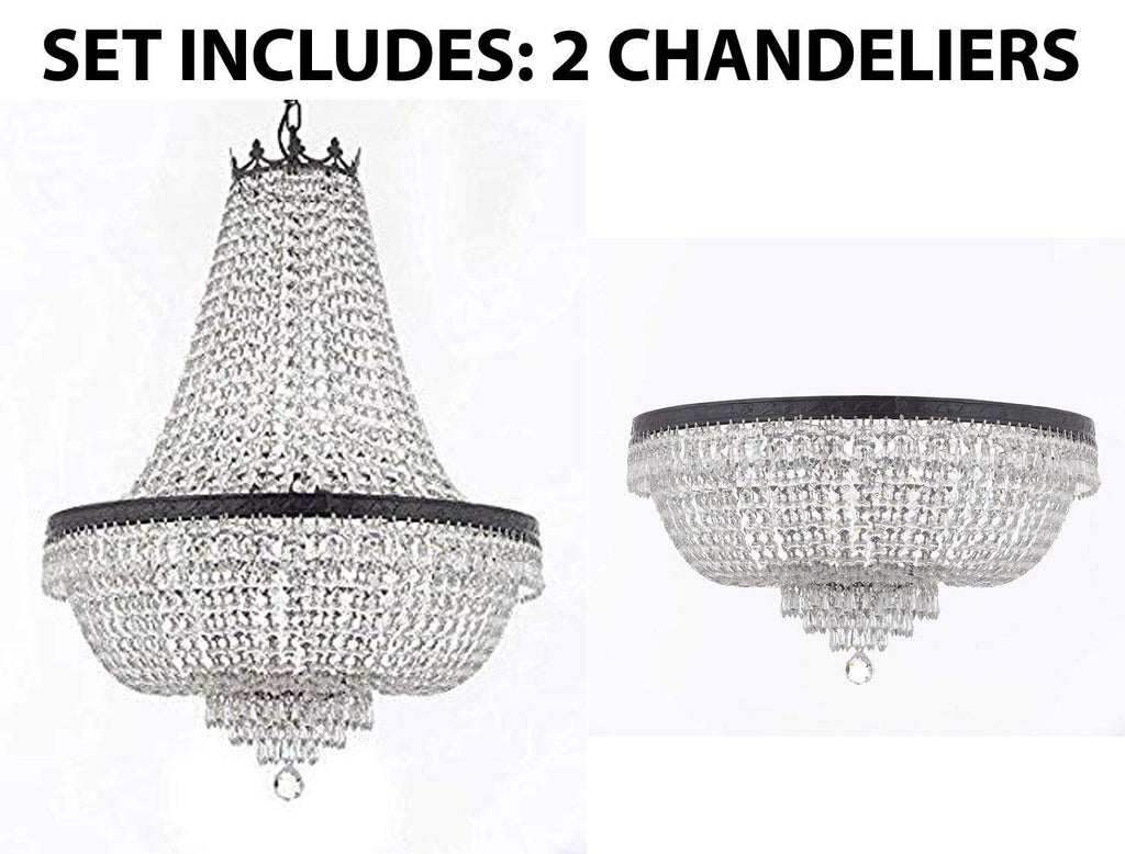 Set of 2-1 French Empire Crystal Chandelier Lighting H30" X W24" w/Dark Antique Finish! and 1 French Empire Crystal Flush Chandelier Lighting H18" X W24" w/Dark Antique Finish! - 1EA CB/870/9 + 1EA FLUSH/CB/870/9 A500-