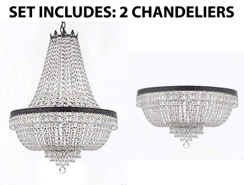 Set of 2-1 French Empire Crystal Chandelier Lighting H36" X W30" W/Dark Antique Finish! and 1 French Empire Crystal Flush Chandelier Lighting H21" X W30" w/Dark Antique Finish! - 1EA CB/870/14 + 1EA FLUSH/CB/870/14 A500-