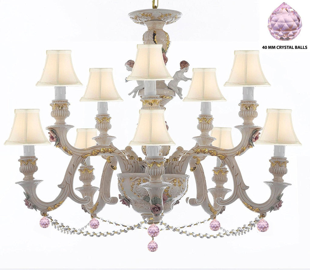 Authentic Capodimonte Porcelain Chandelier Lighting Chandeliers Cottage Chic Made in Italy, Trimmed w/ Roses & Flowers Dressed w/ Crystals and Balls With White Shades - GB102-SC/WHITESHADES/B76/B52/227/5+5