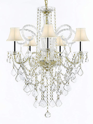 MURANO VENETIAN STYLE ALL-CRYSTAL CHANDELIER LIGHTING WITH WHITE SHADES W/CHROME SLEEVES H30" X W24"! - G46-B43/SC/WHITESHADE/CG/3/385/5