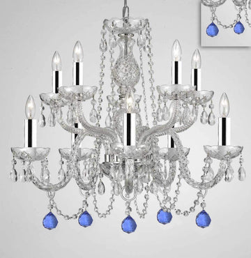 Chandelier Lighting Crystal Chandeliers H25" X W24" 10 Lights w/Chrome Sleeves - Dressed w/Blue Crystal Balls! Great for Dining Room, Foyer, Entry Way, Living Room, Bedroom, Kitchen! - G46-B43/B99/CS/1122/5+5