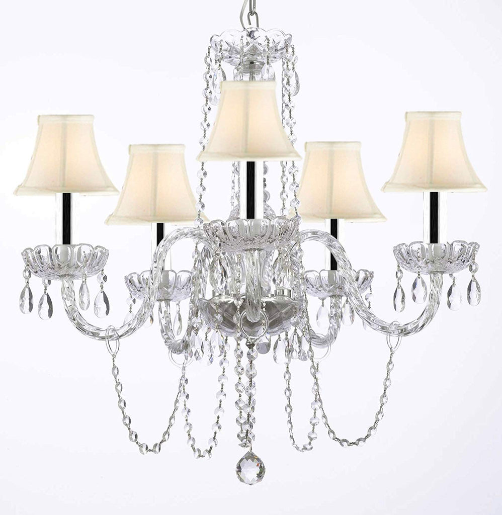Murano Venetian Style All-crystal Chandelier with White Shades w/Chrome Sleeves H25" W24" - G46-B43/SC/WHITESHADE/381/5