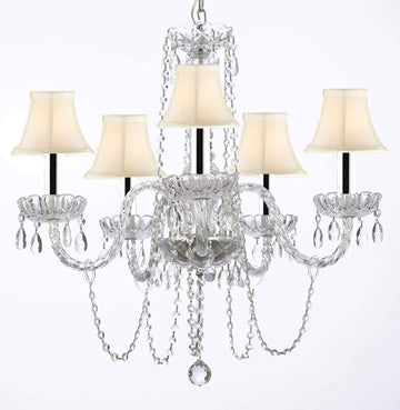 Murano Venetian Style All-crystal Chandelier with White Shades w/Chrome Sleeves H25" W24" - G46-B43/SC/WHITESHADE/381/5