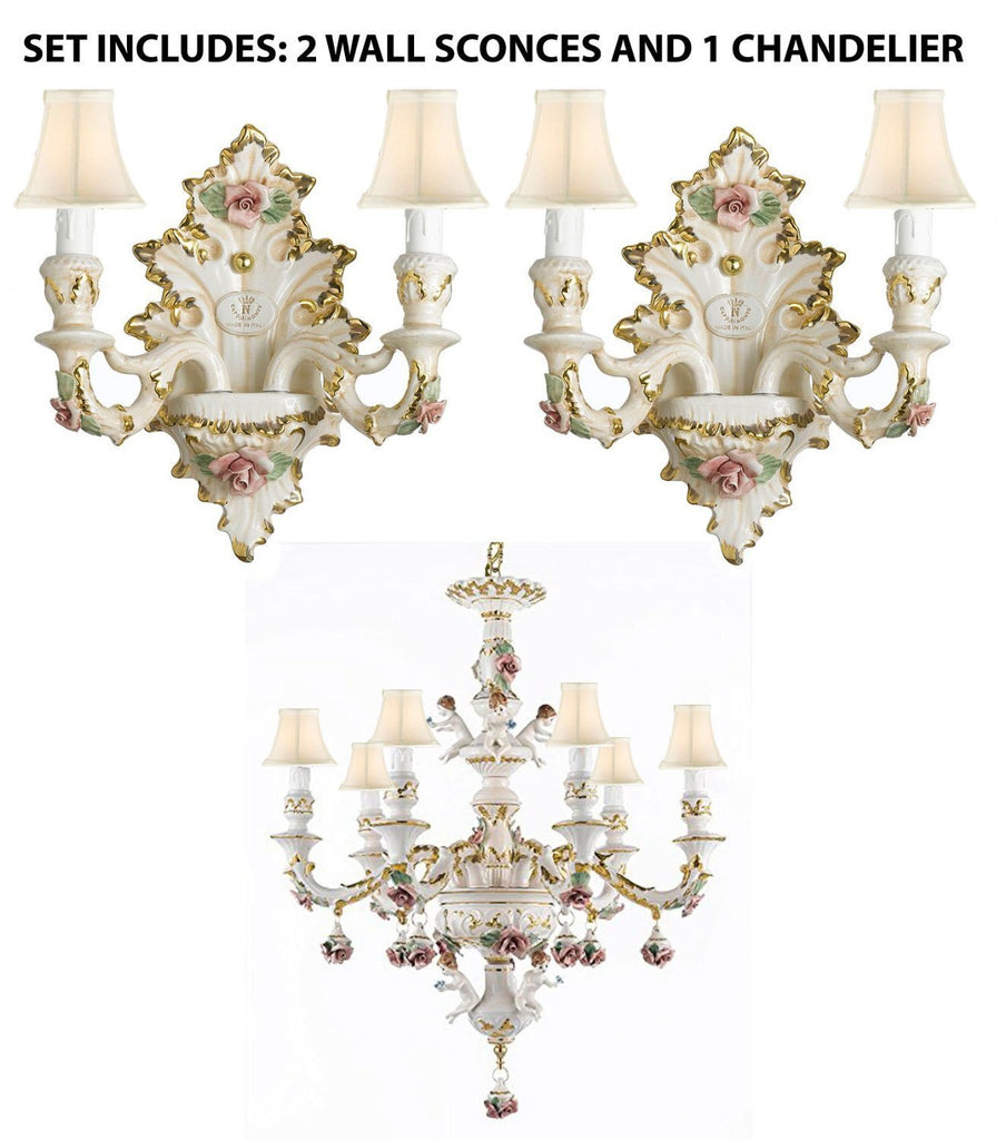 Set of 3 Authentic Capodimonte Porcelain Wall Sconce Lighting Cottage Chic Made in Italy With Shades, 24K Gold Trimmed w/ Roses & Flowers - 2EA-2/435+1EA-119/6WHITESHADES