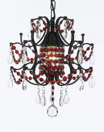 CHANDELIER WROUGHT IRON CRYSTAL CHANDELIERS H14" W11" - DRESSED WITH RUBY RED CRYSTAL - J10-B81/26030/1
