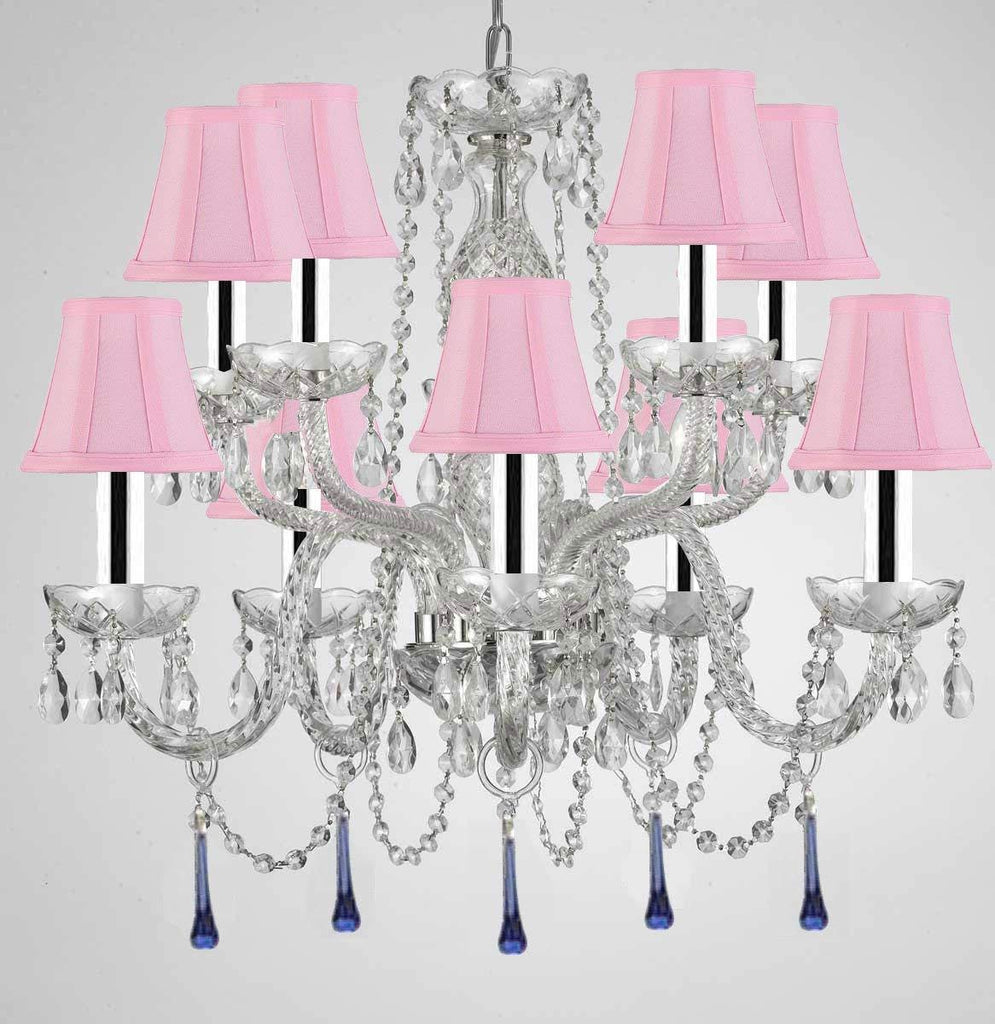 Murano Venetian Style All Crystal Chandelier Lighting W/Blue Crystals w/Chrome Sleeves H 25" x W 24" with Pink Shade - G46-B43/SC/PINKSHADE/B33/1122/5+5