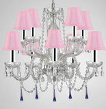 Murano Venetian Style All Crystal Chandelier Lighting W/Blue Crystals w/Chrome Sleeves H 25" x W 24" with Pink Shade - G46-B43/SC/PINKSHADE/B33/1122/5+5