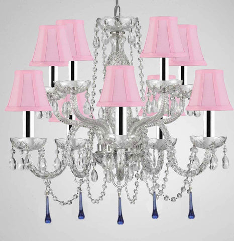 Murano Venetian Style All Crystal Chandelier Lighting W/Blue Crystals w/Chrome Sleeves H 25" x W 24" with Pink Shade - G46-B43/SC/PINKSHADE/B33/1122/5+5