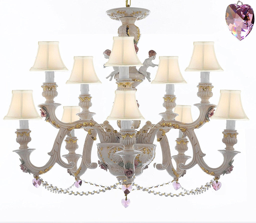Authentic Capodimonte Porcelain Chandelier Lighting Chandeliers Cottage Chic Made in Italy, Trimmed w/ Roses & Flowers Dressed w/ Crystals and Hearts With White Shades - GB102-SC/WHITESHADES/B21/B52/227/5+5
