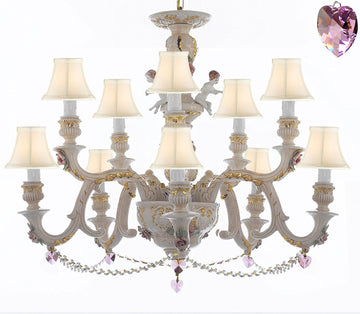 Authentic Capodimonte Porcelain Chandelier Lighting Chandeliers Cottage Chic Made in Italy, Trimmed w/ Roses & Flowers Dressed w/ Crystals and Hearts With White Shades - GB102-SC/WHITESHADES/B21/B52/227/5+5