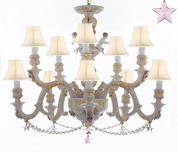 Authentic Capodimonte Porcelain Chandelier Lighting Chandeliers Cottage Chic Made in Italy, Trimmed w/ Roses & Flowers Dressed w/ Pink Stars Crystals With White Shades - GB102-SC/WHITESHADES/B38/B52/227/5+5