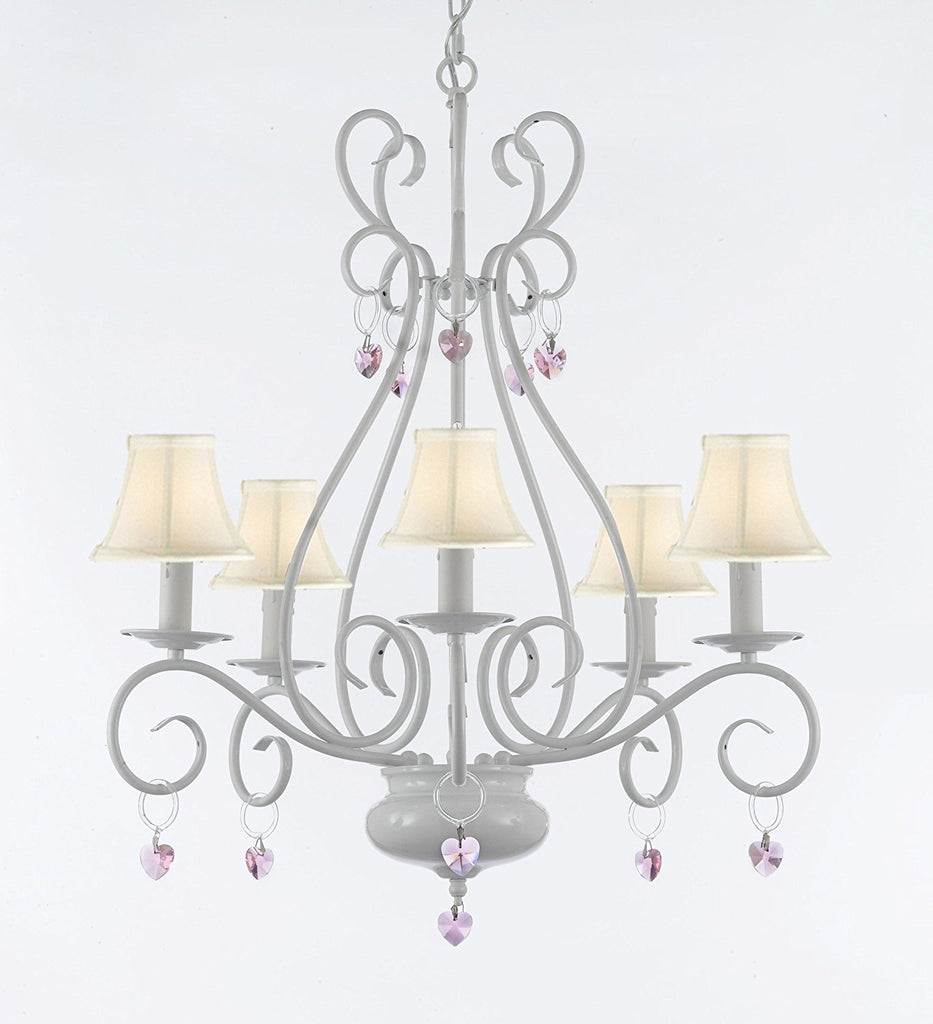 WROUGHT IRON CHANDELIER WITH PINK Hearts  - P7-/White/B21/441/5 /Whiteshades