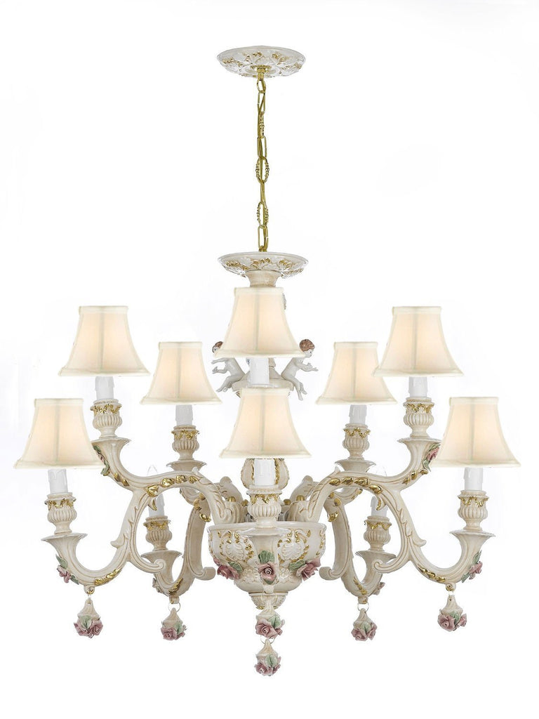 Authentic Capodimonte Porcelain Chandelier Lighting w/Cherub Angels Made in Italy Good for Dining Room, Kids Girls Bedrooms 24K Gold Trimmed w/Roses & Flowers-Limited Stock Available, w/White Shades - GB102-SC/Whiteshades/227/5+5