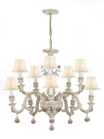 Authentic Capodimonte Porcelain Chandelier Lighting w/Cherub Angels Made in Italy Good for Dining Room, Kids Girls Bedrooms 24K Gold Trimmed w/Roses & Flowers-Limited Stock Available, w/White Shades - GB102-SC/Whiteshades/227/5+5