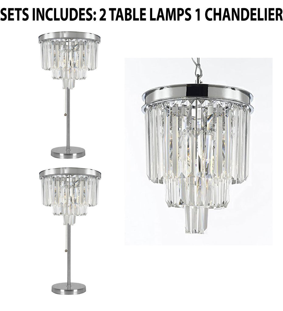 Set of 3 - 2 Palladium Empress Crystal (tm) Glass Fringe 3-tier Table Lamp Lighting - H 32" W14" and 1 Palladium Empress Crystal (Tm) Glass Fringe 3-tier Chandelier Chandeliers Lighting Chrome Finish H15" W12 - 2EA TL/26042/3 + 1EA 26042/3