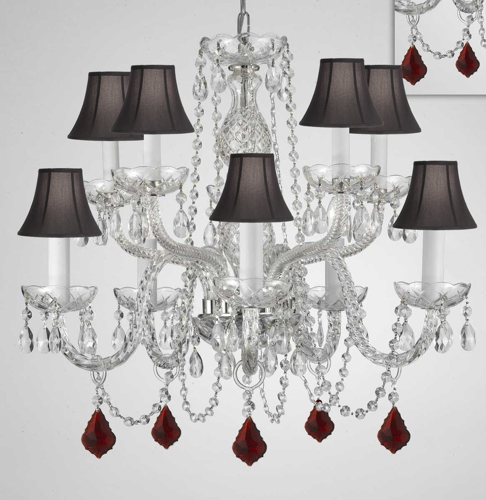 Chandelier Lighting Crystal Chandeliers H25" X W24" 10 Lights - Dressed w/ Ruby Red Crystals! Great for Dining Room, Foyer, Entry Way, Living Room, Bedroom, Kitchen! w/Black Shades - G46-B98/BLACKSHADES/CS/1122/5+5