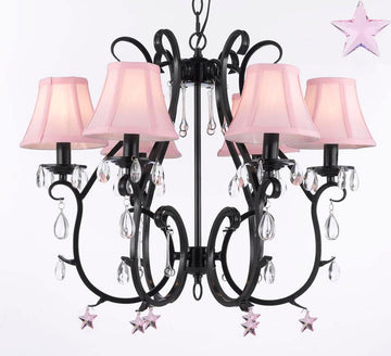Wrought Iron Chandelier Chandeliers Lighting W/ Pink Empress Crystal(TM) Stars And Pink Shades - For Nursery, Kids, Girls Bedrooms, Kitchen, Etc - A7-B38/SC/406/6