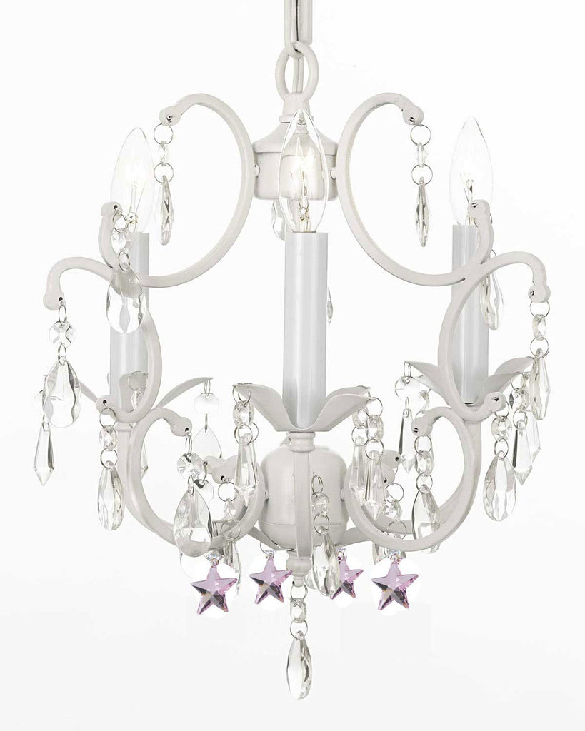 White Wrought Iron Crystal Chandelier Lighting with Pink Stars H14" W11" Swag Plug In-chandelier w/ 14' Feet of Hanging Chain and Wire - G7-B17/B38/WHITE/618/3