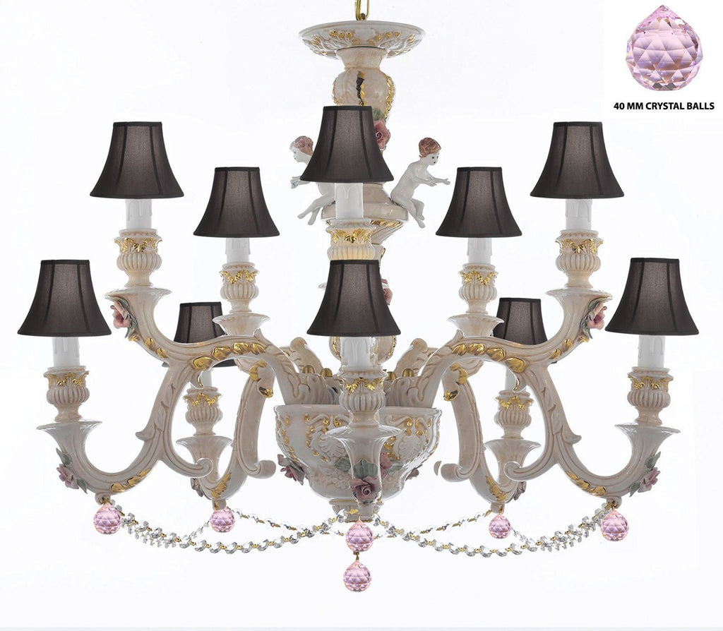 Authentic Capodimonte Porcelain Chandelier Lighting Chandeliers Cottage Chic Made in Italy, Trimmed w/ Roses & Flowers Dressed w/ Crystals and Balls With Black Shades - GB102-SC/BLACKSHADES/B76/B52/227/5+5