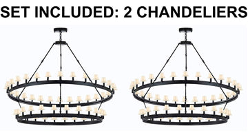 Set of 2 - Castile Two Tier Wrought Iron Chandelier with White Shades - Industrial Loft Rustic Lighting W 63" H 60"
