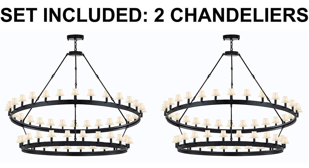 Set of 2 - Wrought Iron Vintage Barn Metal Castile Two Tier Chandelier Industrial Loft Rustic Lighting W 63" H 60" w/White Shades Great for The Living Room, Dining Room, Foyer and Entryway, Family Room, and More - 2EA G7-WHITESHADES/3428/54