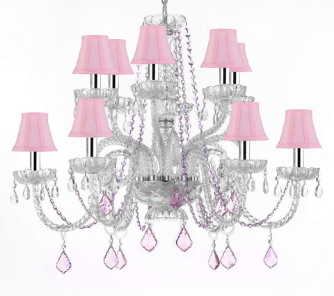 Empress Crystal (tm) Chandelier Chandeliers Lighting with Pink Color Crystal and Pink Shades w/Chrome Sleeves! - F46-B43/B2/385/6+6-Pink shades/pink crys