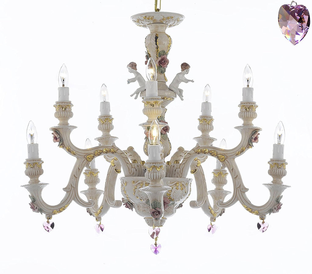 Authentic Capodimonte Porcelain Chandelier Lighting Chandeliers Cottage Chic Made in Italy, Trimmed w/ Roses & Flowers Dressed w/ Pink Hearts Crystals - GB102-B21/227/5+5