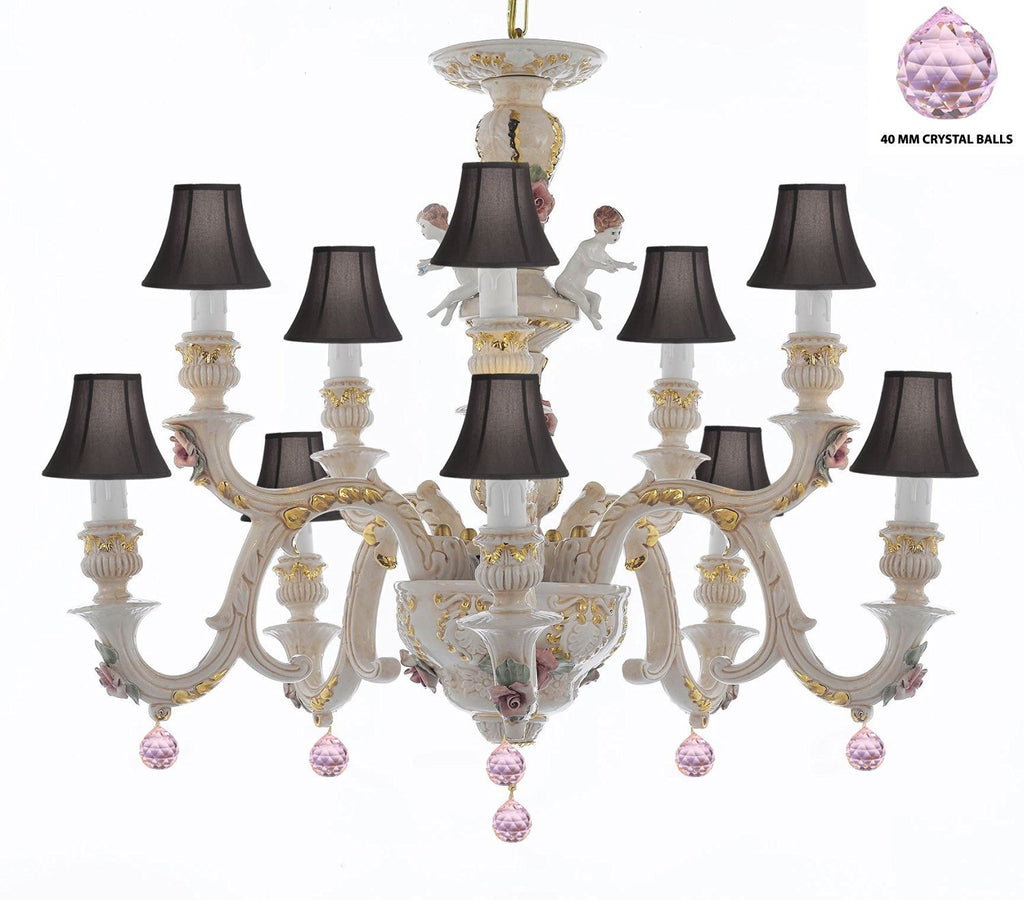 Authentic Capodimonte Porcelain Chandelier Lighting Chandeliers Cottage Chic Made in Italy, Trimmed w/ Roses & Flowers Dressed w/ Pink Balls Crystals With Black Shades - GB102-SC/BLACKSHADES/B76/227/5+5