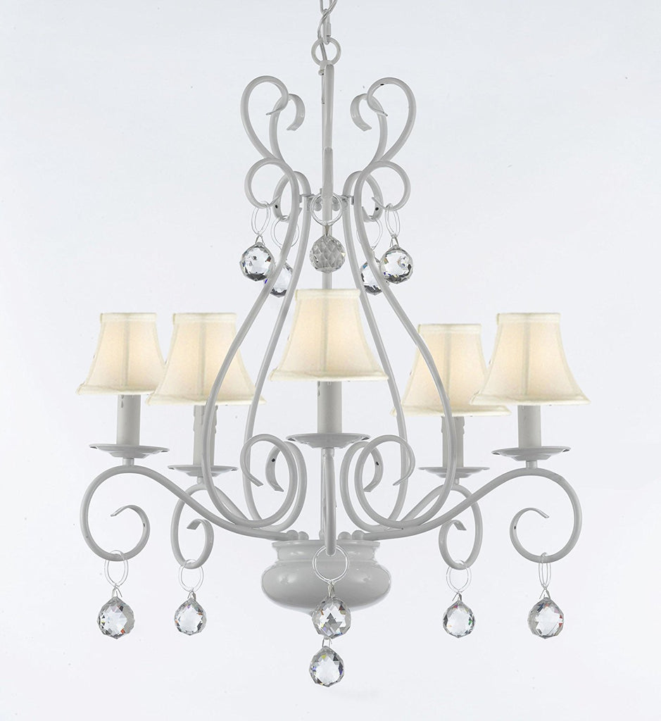 WROUGHT IRON CHANDELIER WITH CRYSTAL BALLS With White Shade - P7-Sc/White/B6/441/5/Whiteshades