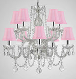 Empress Crystal (tm) Chandelier Chandeliers Lighting with Pink Shades H 25" X W 24" Swag Plug in-Chandelier W/ 14' Feet of Hanging Chain and Wire W/Chrome Sleeves! - G46-B43/B15/PINKSHADES/CS/1122/5+5