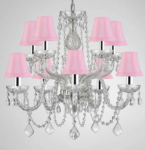 Swarovski Crystal Trimmed Chandelier! Crystal Chandelier Lighting with Pink Shades w/Chrome Sleeves! H 25" X W 24" Swag Plug in-Chandelier w/ 14' Feet of Hanging Chain and Wire! - G46-B15/PINKSHADES/CS/1122/5+5SW