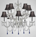 Murano Venetian Style All Crystal Chandelier Lighting W/Blue Crystals w/Chrome Sleeves! H 25" x W 24" with Black Shade - G46-B43/SC/BLACKSHADE/B33/1122/5+5