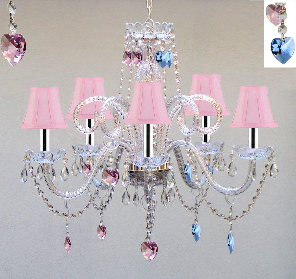 Chandelier Lighting W/Crystal Pink Shades & Blue and Pink Hearts W/Chrome Sleeves! H25" x W24" - Perfect for Kid's and Girls Bedroom! - GO-B43/A46-PINKSHADES/B85/B21/387/5