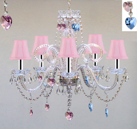 Chandelier Lighting W/Crystal Pink Shades & Blue and Pink Hearts W/Chrome Sleeves! H25" x W24" - Perfect for Kid's and Girls Bedroom! - GO-B43/A46-PINKSHADES/B85/B21/387/5