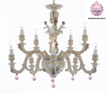 Authentic Capodimonte Porcelain Chandelier Lighting Chandeliers Cottage Chic Made in Italy, Trimmed w/ Roses & Flowers Dressed w/ Pink Ball Crystals - GB102-B76/227/5+5