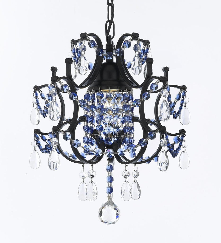 CHANDELIER WROUGHT IRON CRYSTAL CHANDELIERS H14" W11" - DRESSED WITH SAPPHIRE BLUE CRYSTAL - J10-B82/26030/1