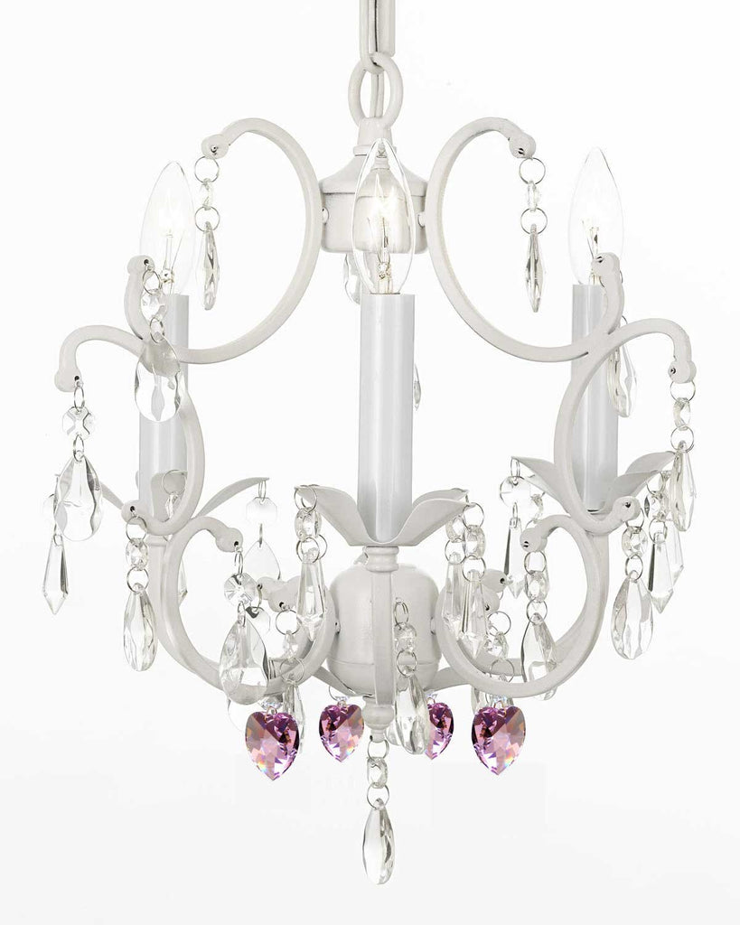 White Wrought Iron Crystal Mini Chandelier w/ Pink Crystal Hearts H14" X W11" Swag Plug In-chandelier w/ 14' Feet of Hanging Chain and Wire - G7-B17/B21/WHITE/618/3