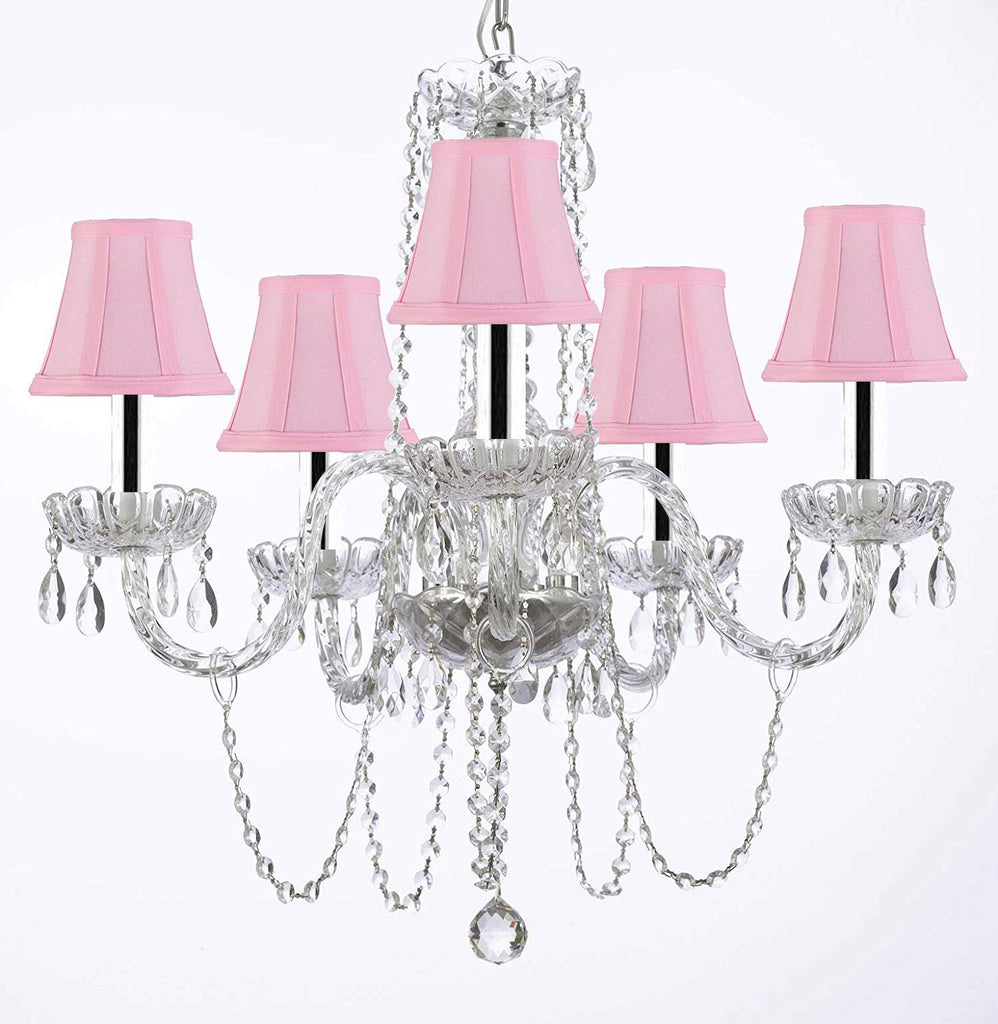 Murano Venetian Style All-crystal Chandelier with Pink Shades w/Chrome Sleeves H25" W24" - G46-B43/SC/PINKSHADE/381/5