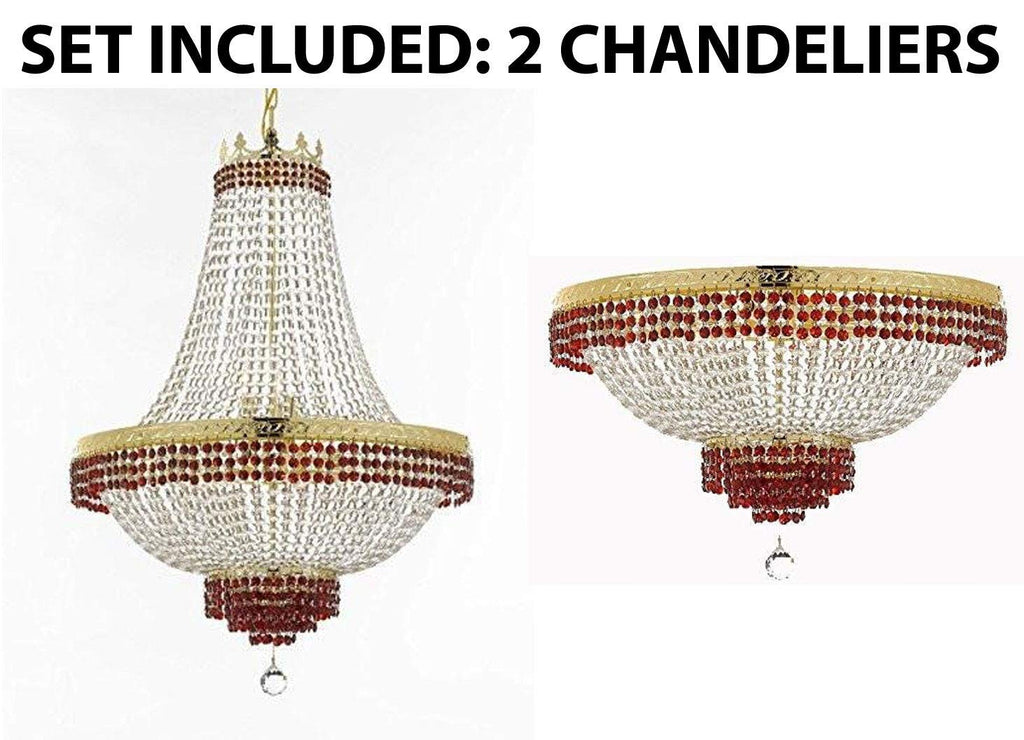 Set of 2-1 Moroccan Style French Empire Crystal Chandeliers Lighting Trimmed w/Ruby Red Crystal! H36 W30 and 1 Flush French Empire Crystal Chandelier Lighting Trimmed w/Ruby Red Crystal! H21 W30 - B74/CG/870/14 + B74/CG/FLUSH/870/14 A500-